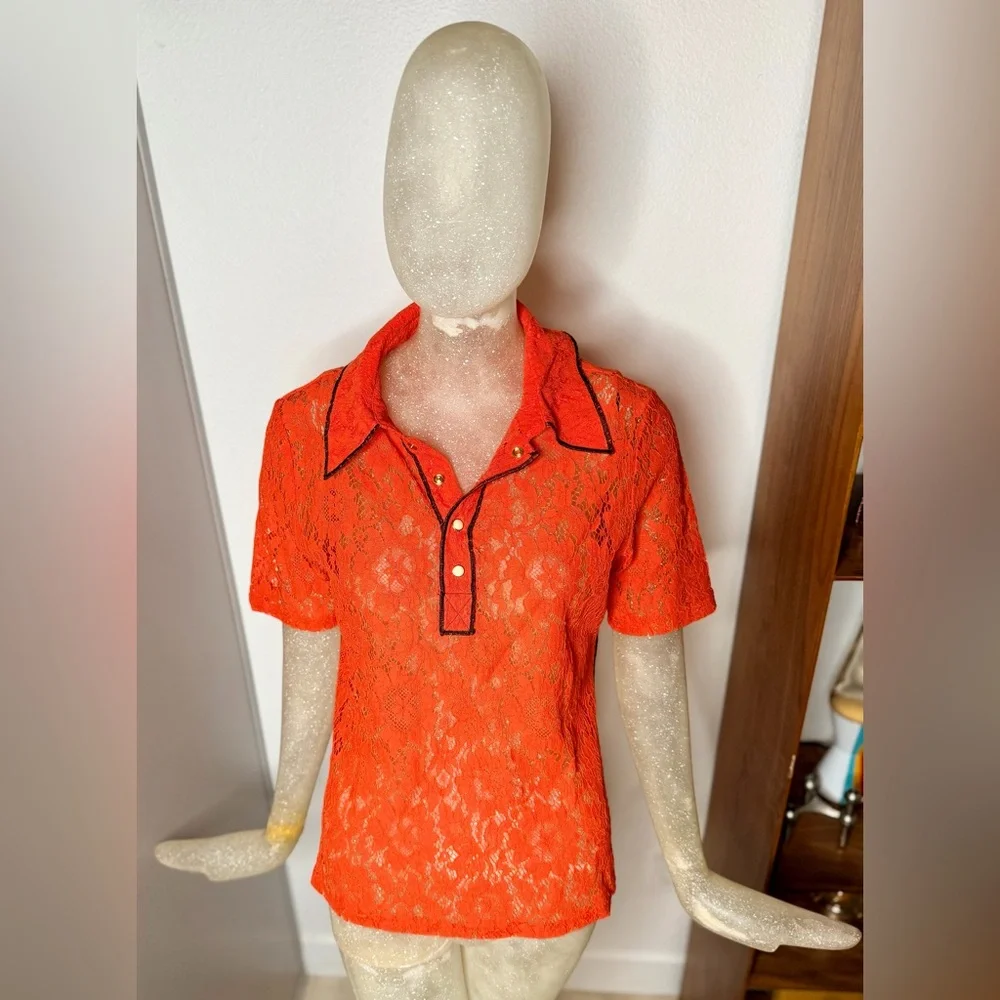 ❤️No. 6 Store Diedre Red Lace Polo Shirt w/ Button Down. Size Medium - Picture 2 of 11